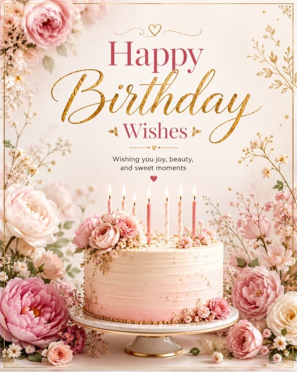Happy Birthday Wishes card with elegant birthday cake, pink flowers, candles and gold details