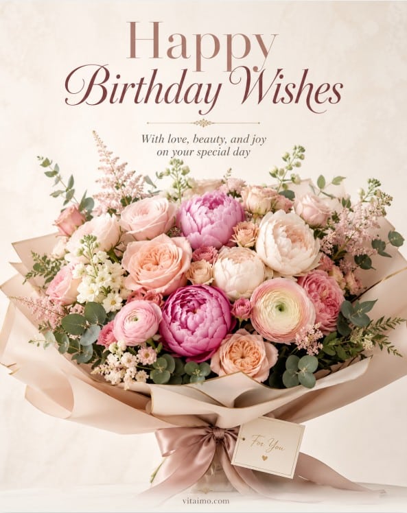 Happy Birthday Wishes card with a luxury bouquet of pink roses, peonies and elegant floral design