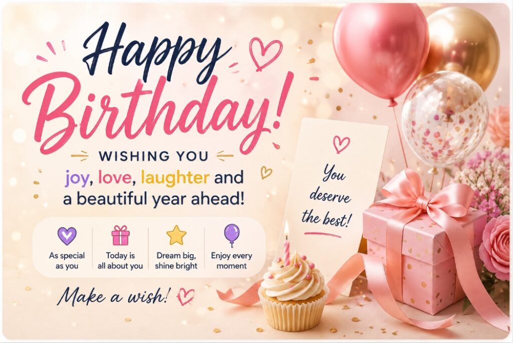 Happy Birthday Wishes main card with festive balloons, gift box, cake and elegant celebration design
