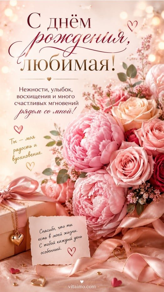 Нежная открытка с днем рождения любимой с цветами и романтичным поздравлением