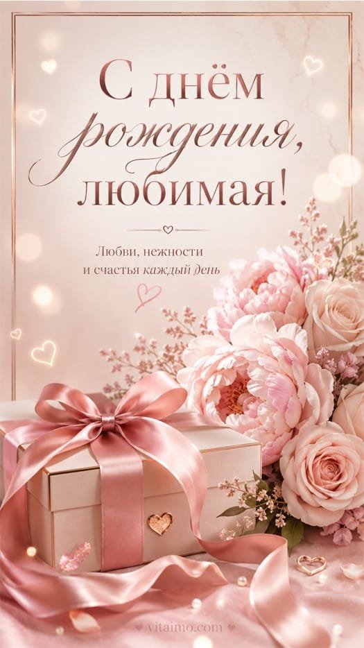 Стильная открытка с днем рождения любимой с цветами и романтичным оформлением
