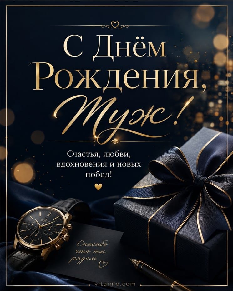 Стильная открытка с днем рождения мужу в темно-синем и золотом дизайне