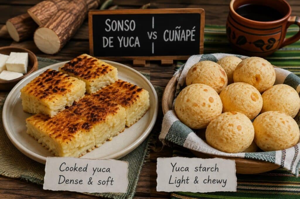 Sonso de Yuca vs Cuñapé: What Is the Difference? 2 Sonso de yuca vs cuñapé comparison showing dense cooked yuca squares and light cassava starch cheese bread