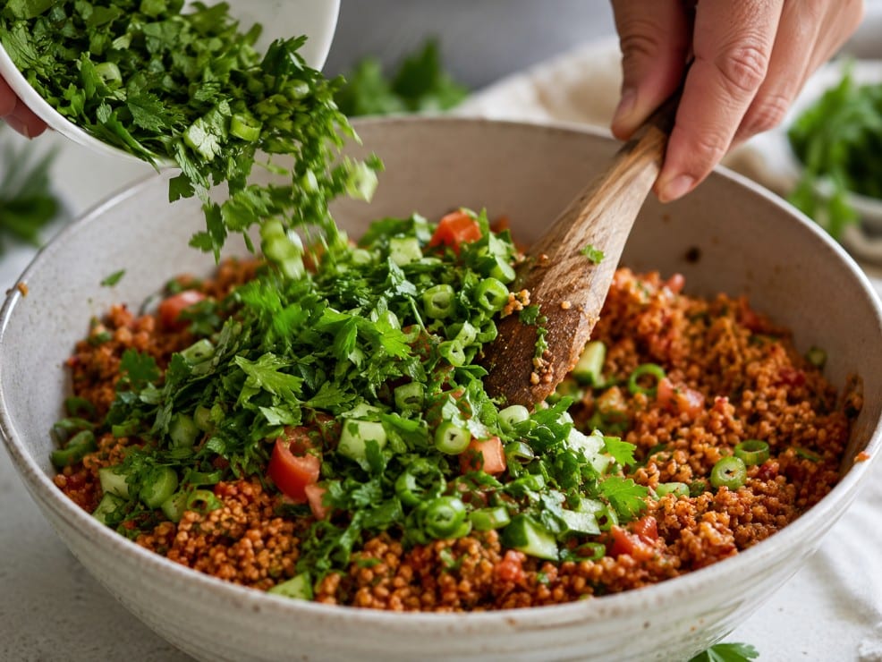 Fresh parsley, mint and green onion being added to Turkish kisir