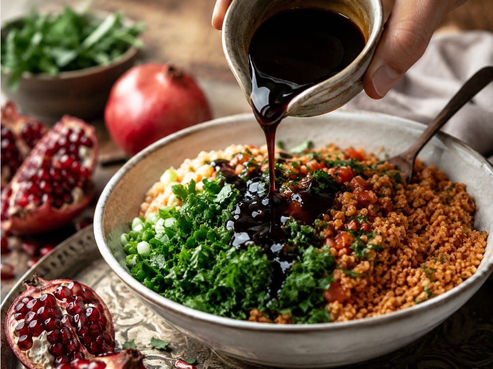 Pomegranate molasses being added to Turkish kisir