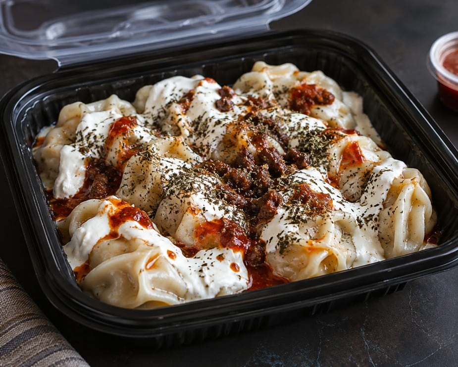 Afghan mantu packed for restaurant takeout and delivery