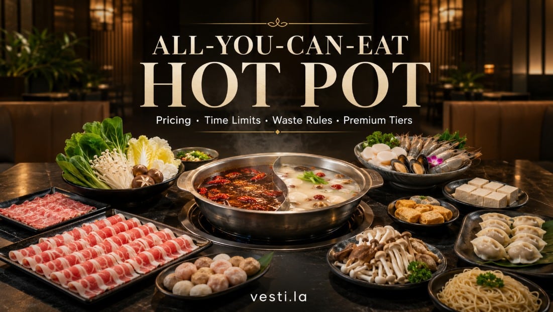 All-you-can-eat hot pot guide banner about pricing, time limits, waste rules and premium tiers