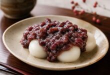 Anko dango with chewy rice dumplings topped with sweet red bean paste