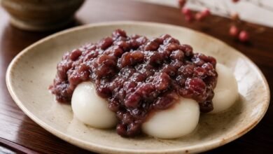 Anko dango with chewy rice dumplings topped with sweet red bean paste