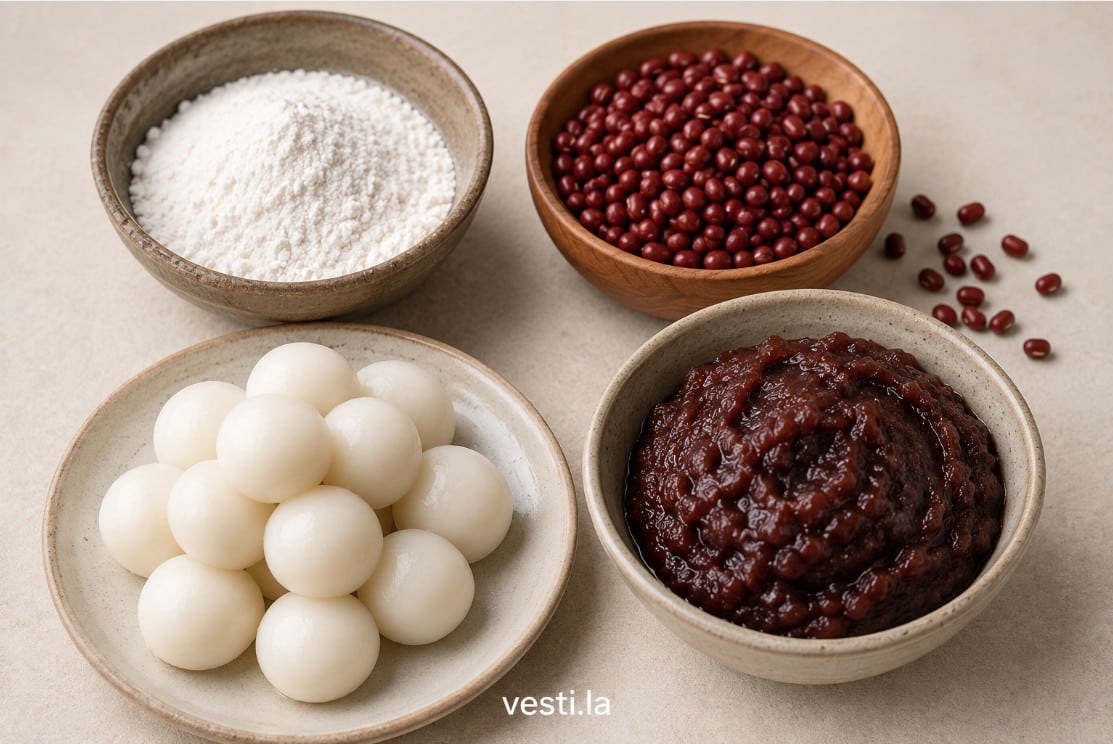 Rice flour dumplings, azuki beans and sweet bean paste used for anko dango