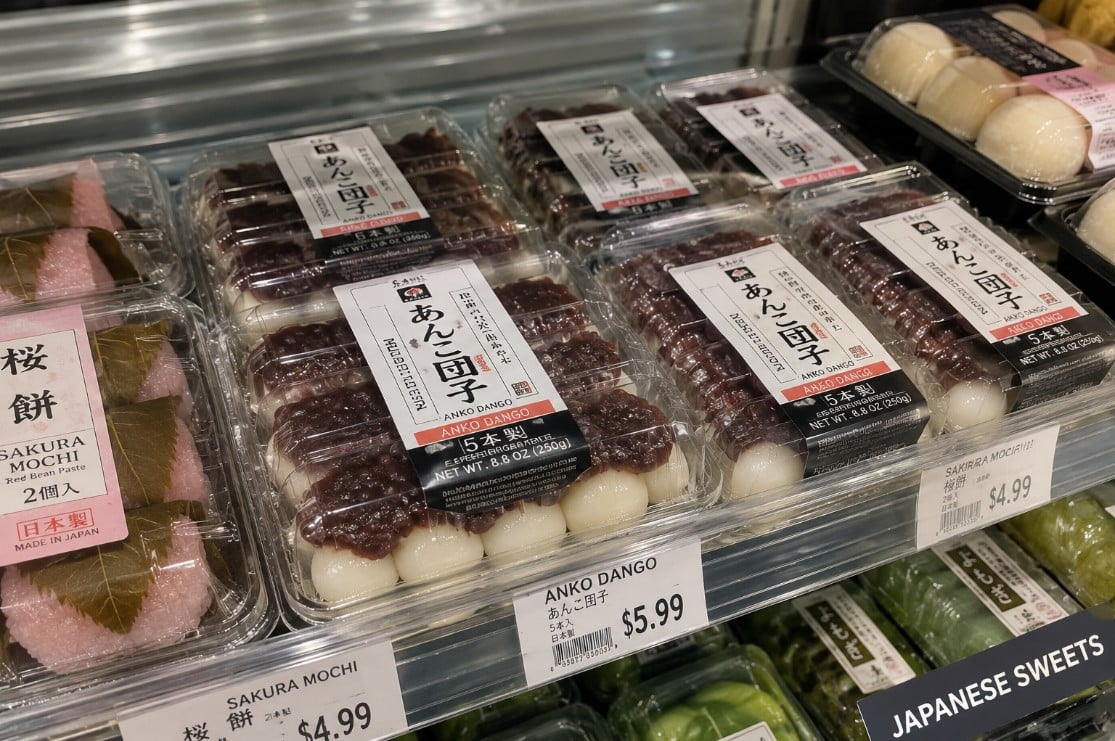 Packaged anko dango displayed in a Japanese market refrigerated or frozen dessert section