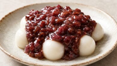 White anko dango covered with thick sweet azuki red bean paste