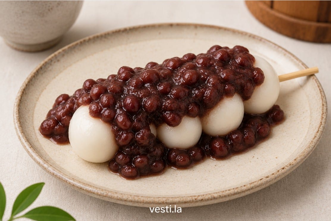Sweet red bean paste placed over and around Japanese dango dumplings