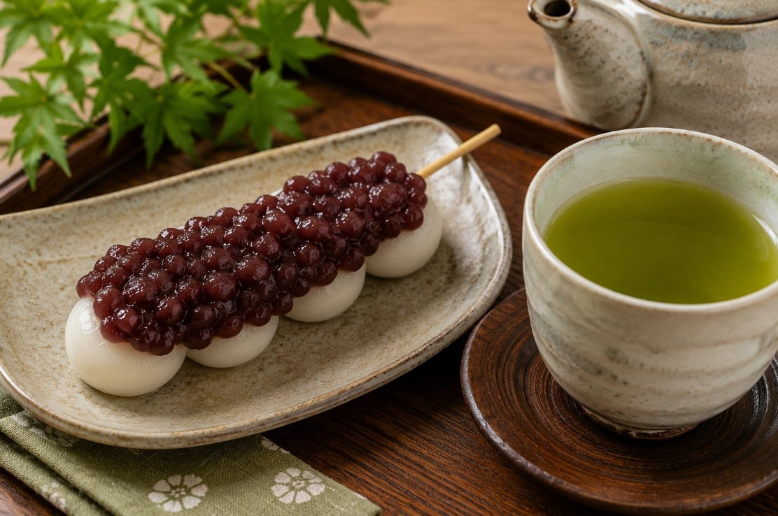 Anko dango served with Japanese green tea as a simple dessert or snack