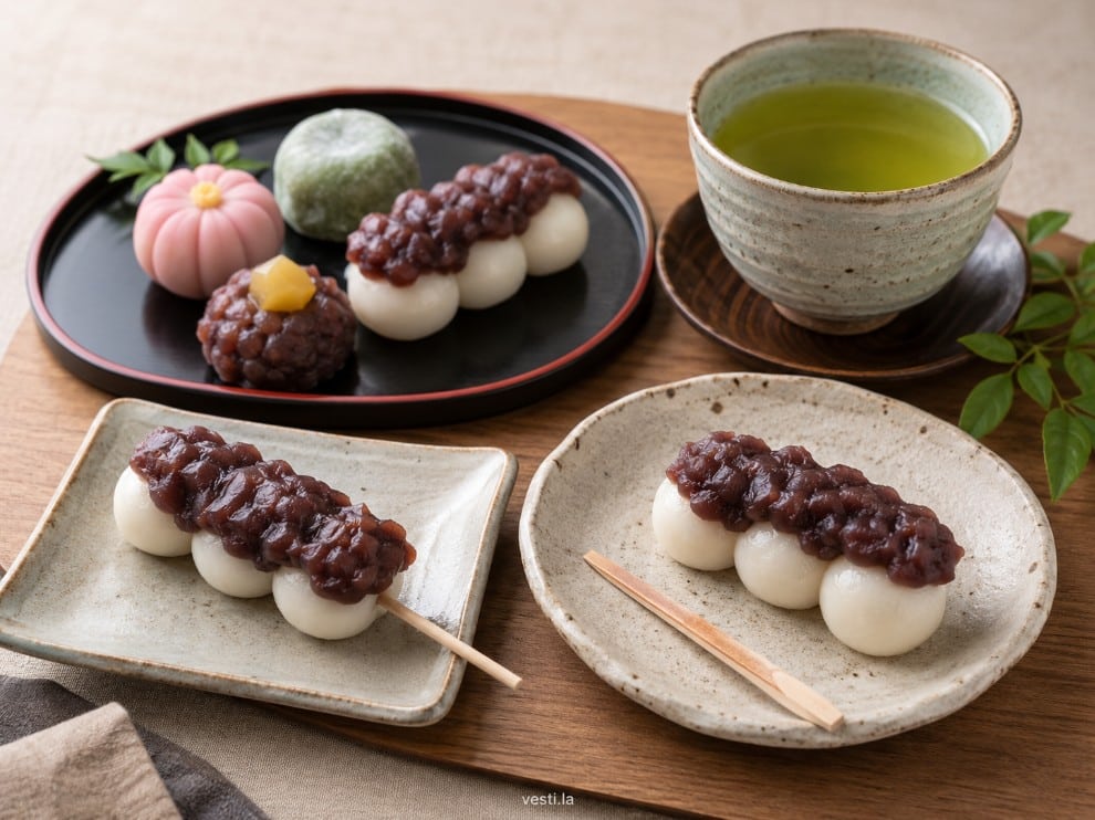 Anko dango served on skewers, on a small plate, with tea and in a wagashi assortment