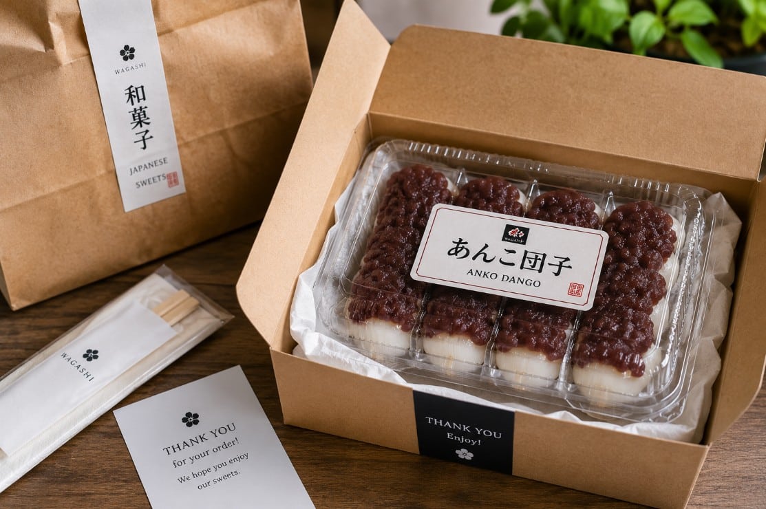 Anko dango packed neatly for takeout or delivery with protective dessert packaging
