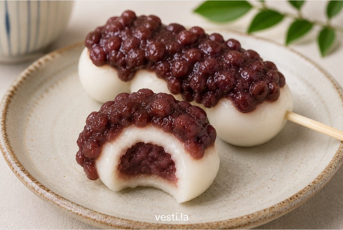 Soft chewy interior of anko dango beside sweet azuki bean paste