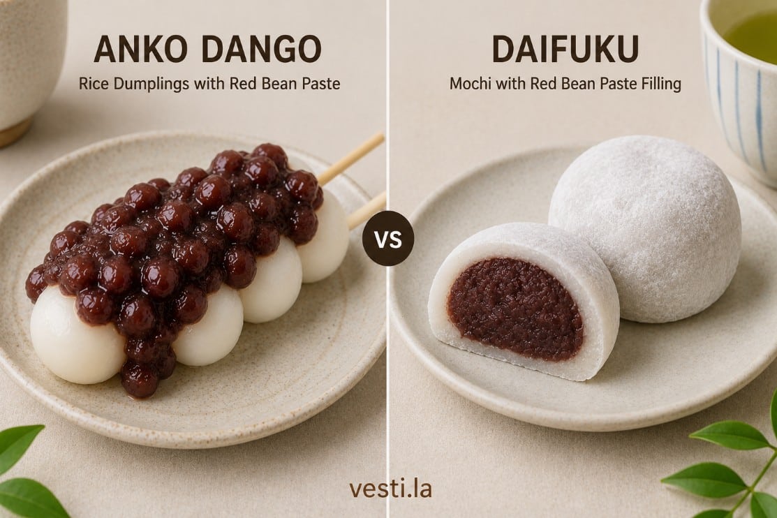 Anko dango with visible red bean topping compared with daifuku filled with sweet bean paste