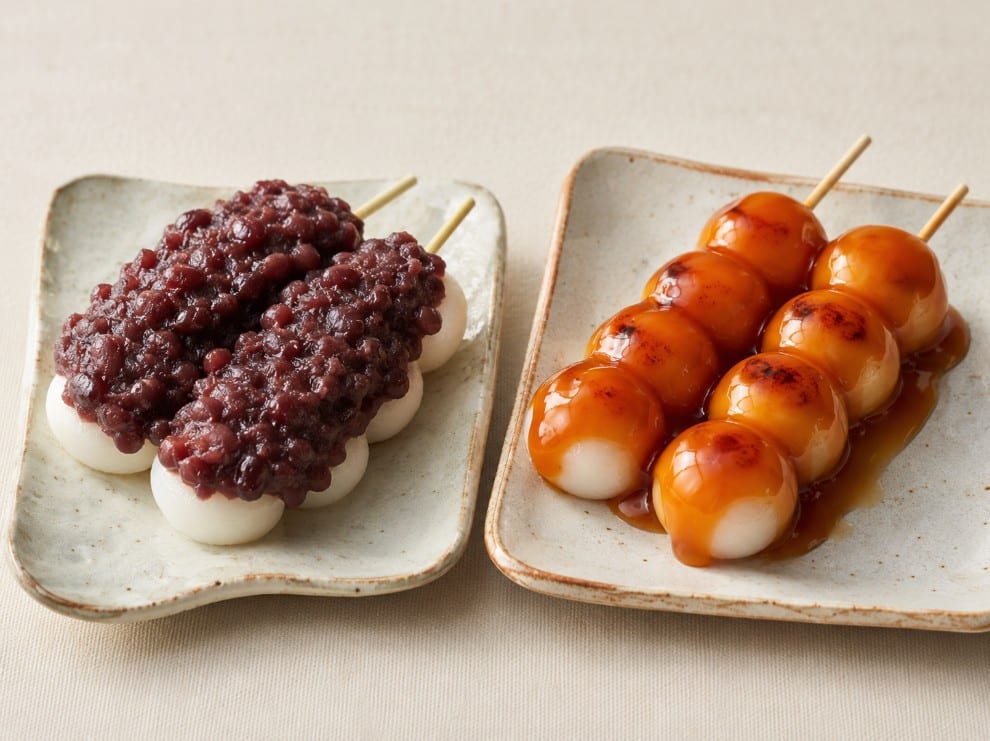 Comparison of anko dango with red bean paste and mitarashi dango with glossy soy glaze