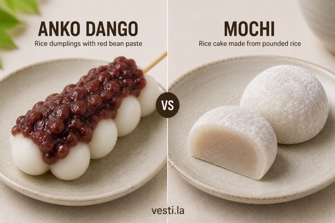 Anko dango rice dumplings compared with a soft Japanese mochi sweet