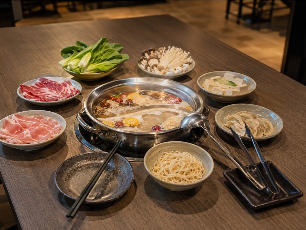 Small first-round order at an all-you-can-eat hot pot restaurant with meat, tofu, mushrooms, vegetables and dumplings