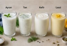 Ayran, tan, kefir and lassi served in separate glasses to compare their texture, flavor and traditional ingredients