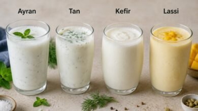Ayran, tan, kefir and lassi served in separate glasses to compare their texture, flavor and traditional ingredients