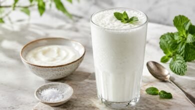 Traditional ayran yogurt drink served cold with fresh mint, yogurt and salt