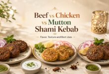 Beef, chicken and mutton shami kebab served side by side
