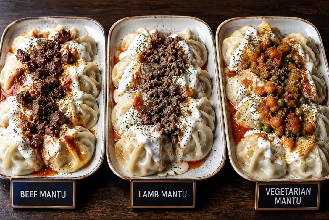 Beef, lamb and vegetarian Afghan mantu variations