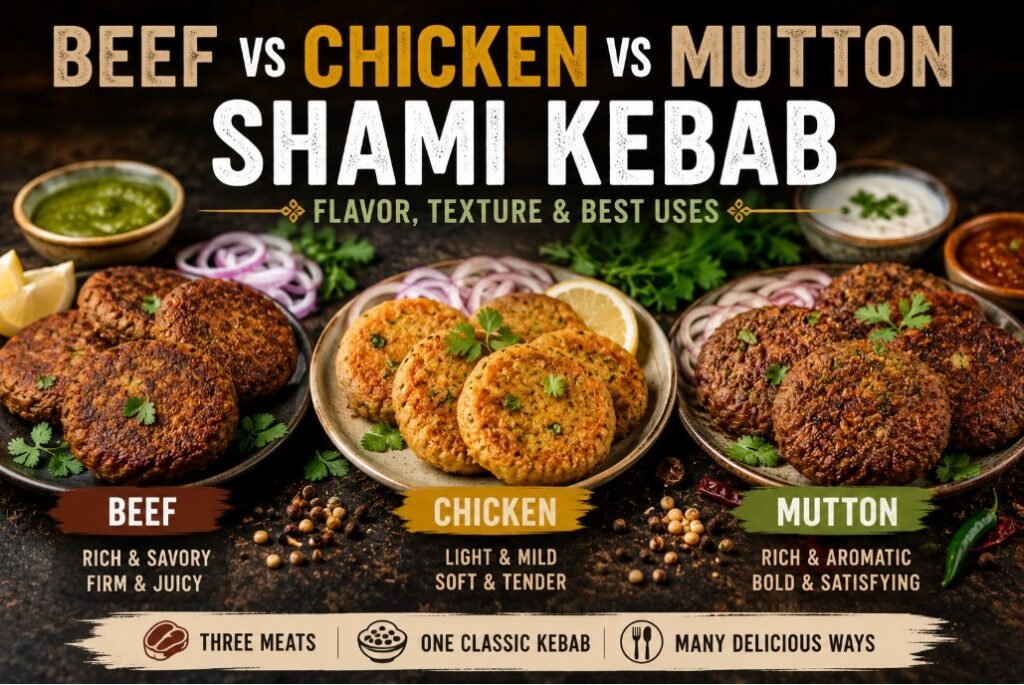 Beef, chicken and mutton shami kebab compared side by side