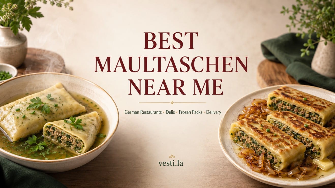 Maultaschen served in broth and sliced with browned onions for a local restaurant and deli guide