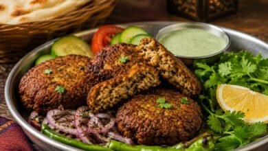 Shami kebab near Long Island City and Queens served with chutney, onion, lemon and naan