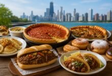 Chicago food guide with deep-dish pizza, Italian beef, pierogi, tacos, bakery treats and the city skyline