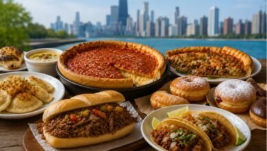 Chicago food guide with deep-dish pizza, Italian beef, pierogi, tacos, bakery treats and the city skyline