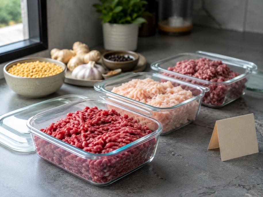 Shami Kebab Essentials: What to Buy for Better Homemade Kebabs 4 Ground beef, chicken and lamb stored separately for homemade shami kebab