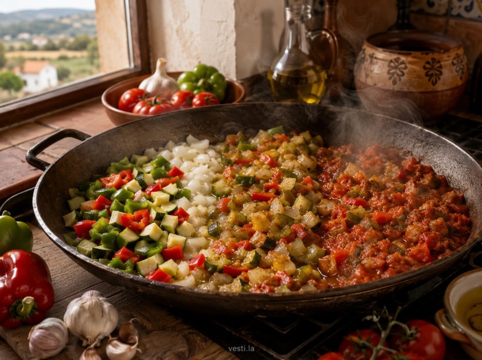Pisto manchego vegetables at different stages of slow cooking