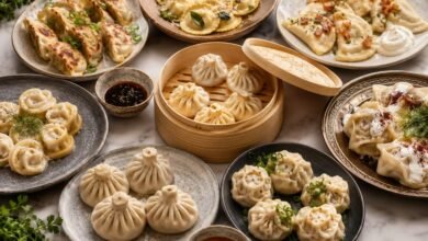 Dumplings from around the world including pierogi, khinkali, momo, gyoza, manti and ravioli