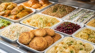 Eastern European deli counter with kotleti, stuffed cabbage, salads, dumplings and prepared side dishes