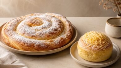 Mallorcan ensaimada and Filipino cheese ensaymada displayed side by side