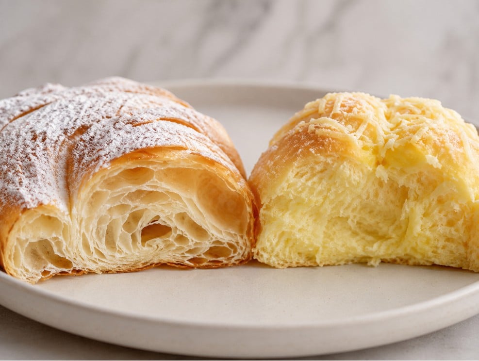 Cut-open Mallorcan ensaimada and Filipino ensaymada showing different crumb textures