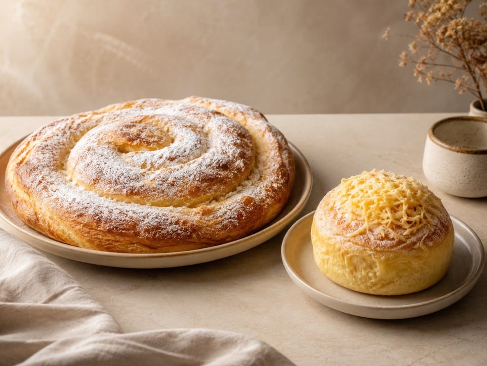 Mallorcan ensaimada beside Filipino cheese ensaymada for visual comparison