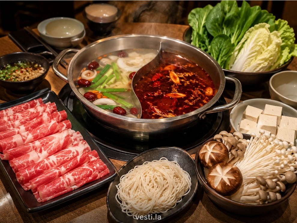 First-time hot pot order with split broth, sliced beef, tofu, mushrooms, greens and noodles