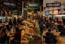 Food hall, public market and food court formats with vendors, shared seating and prepared food counters