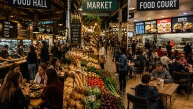 Food hall, public market and food court formats with vendors, shared seating and prepared food counters