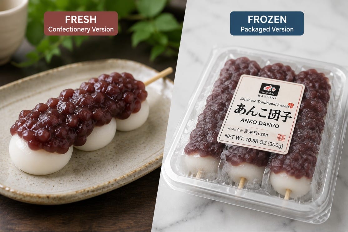Fresh and frozen styles of anko dango shown side by side for comparison
