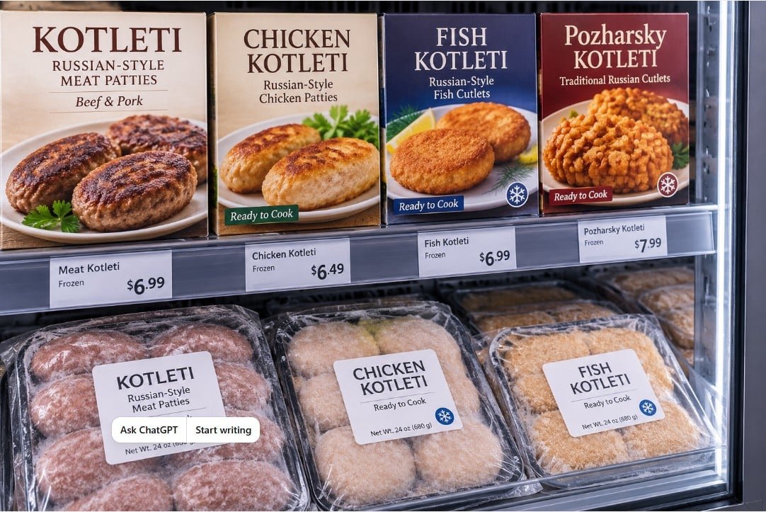 Frozen Russian kotleti in a specialty grocery freezer