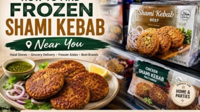 How to Find Frozen Shami Kebab Near You 14 Frozen shami kebab patties with chutney beside a halal grocery freezer