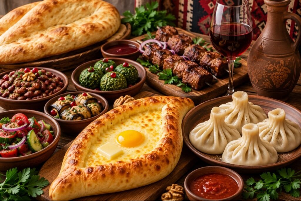 Georgian Food: Khachapuri, Khinkali and the Georgian Table 2 Georgian dinner with Adjarian khachapuri, khinkali, mtsvadi, lobio, pkhali and red wine