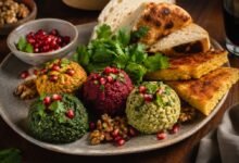 Assorted Georgian pkhali with spinach, beet, walnuts, pomegranate and mchadi